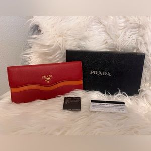 PRADA Safiano Leather Red + Orange Wave Envelope Wallet- NEW /GIFTABLE Condition